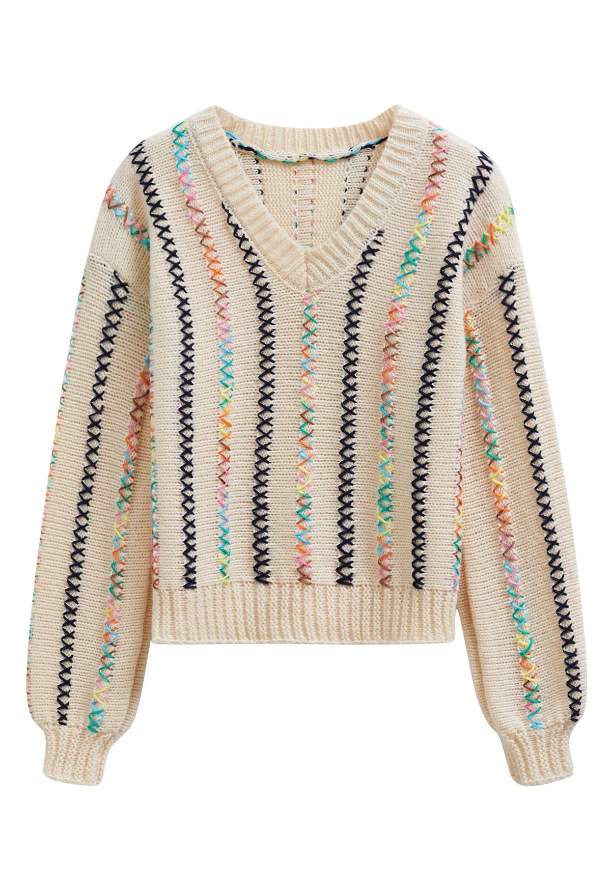 V-Neck Colorful X-Stitch Knit Sweater