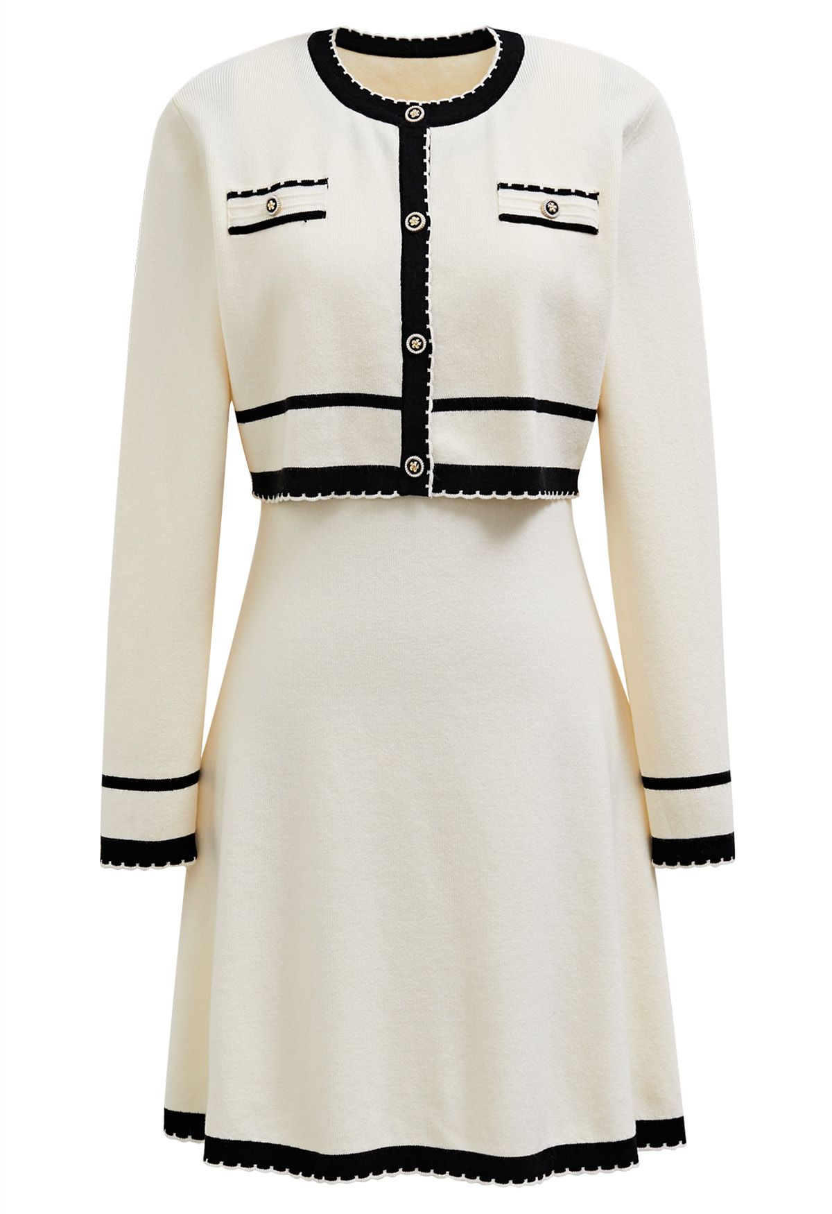 Contrast Edges Crop Knit Cardigan and Dress Set in Cream