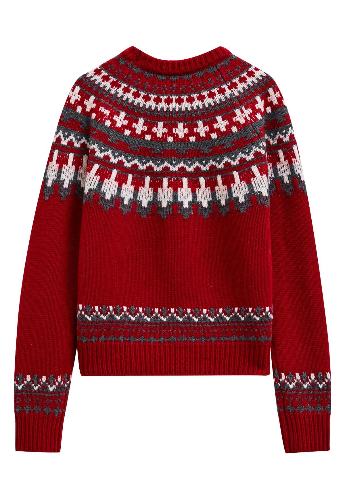 Nordic-Inspired Fair Isle Knit Sweater in Red