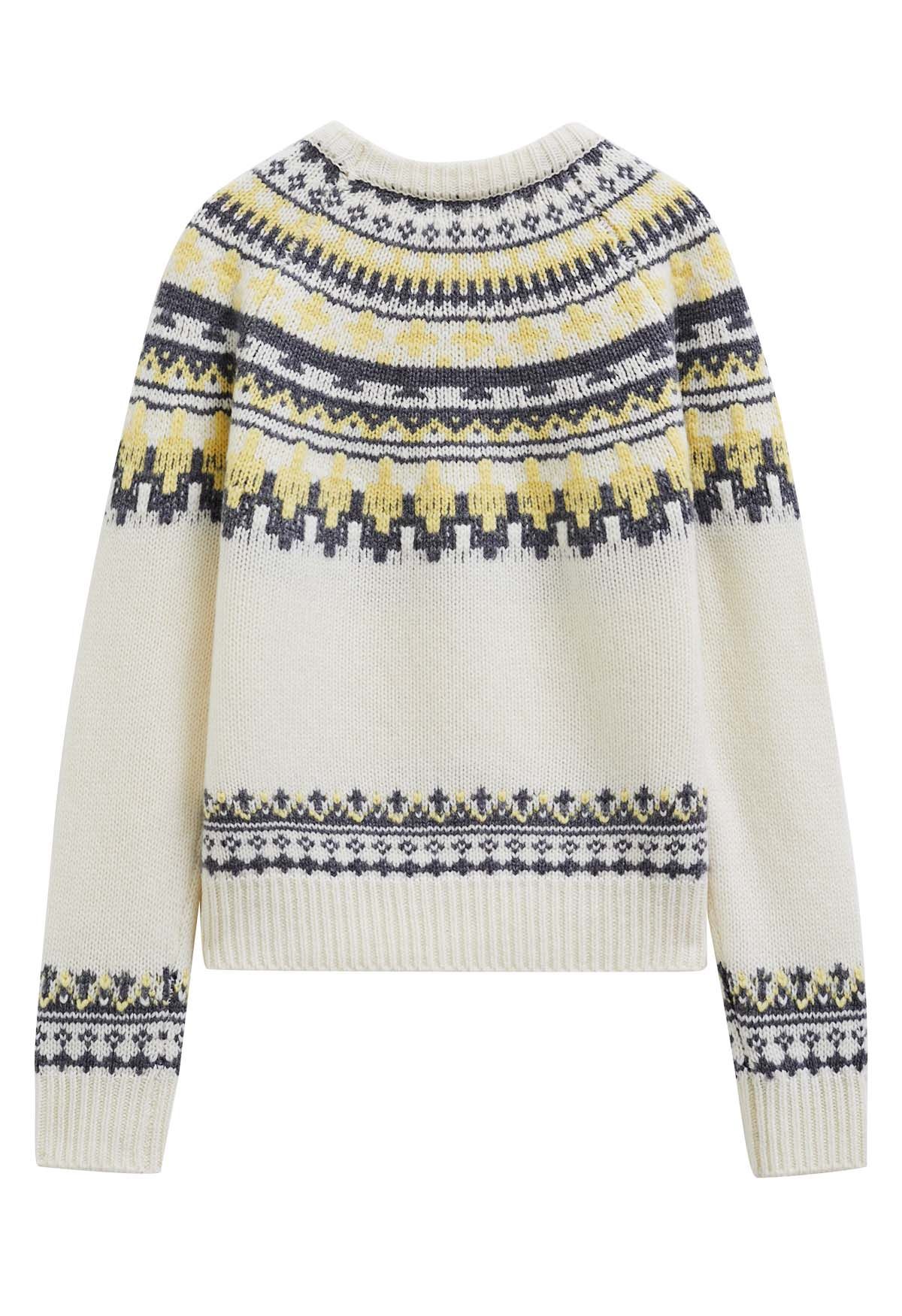 Nordic-Inspired Fair Isle Knit Sweater in Cream