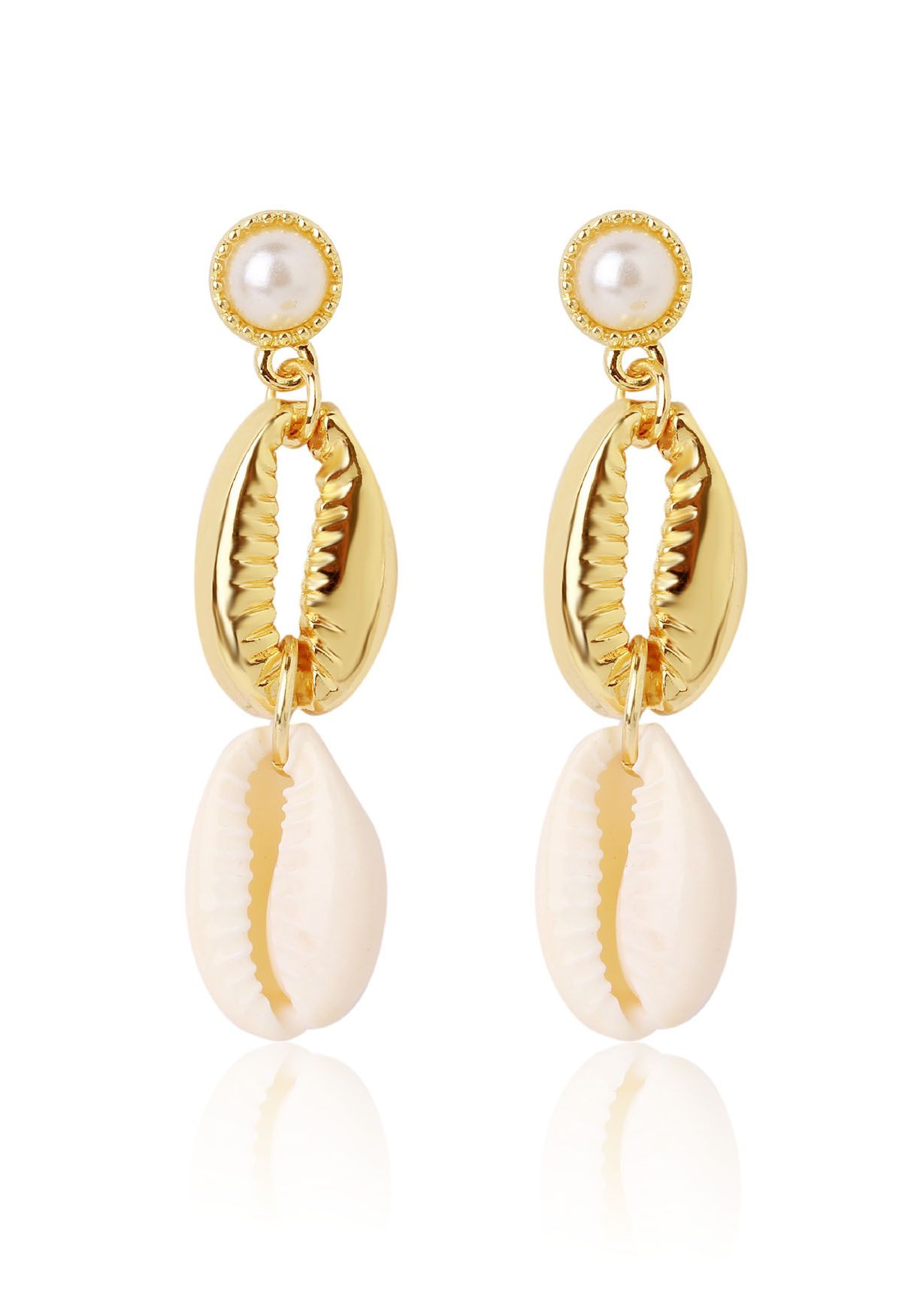 Double Cowrie Shell Charm Pearls Earrings