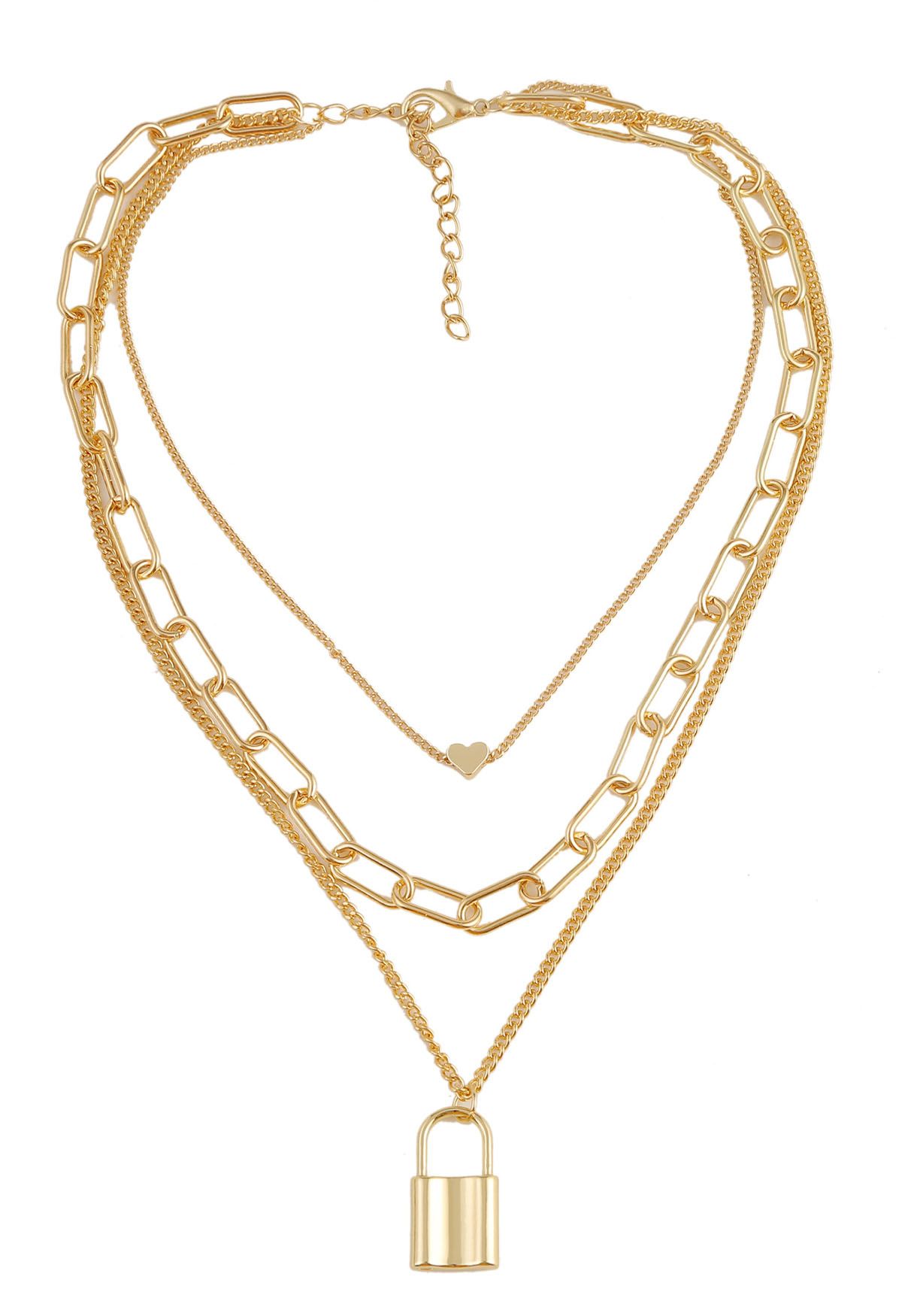 Lock Chain Pendant Layered Necklace in Gold