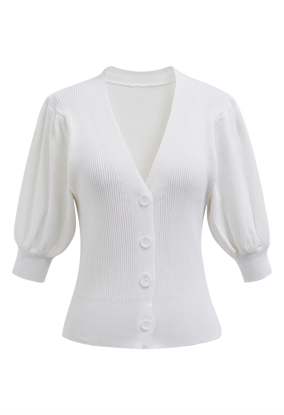 Bubble Sleeve V-Neck Buttoned Knit Top in White