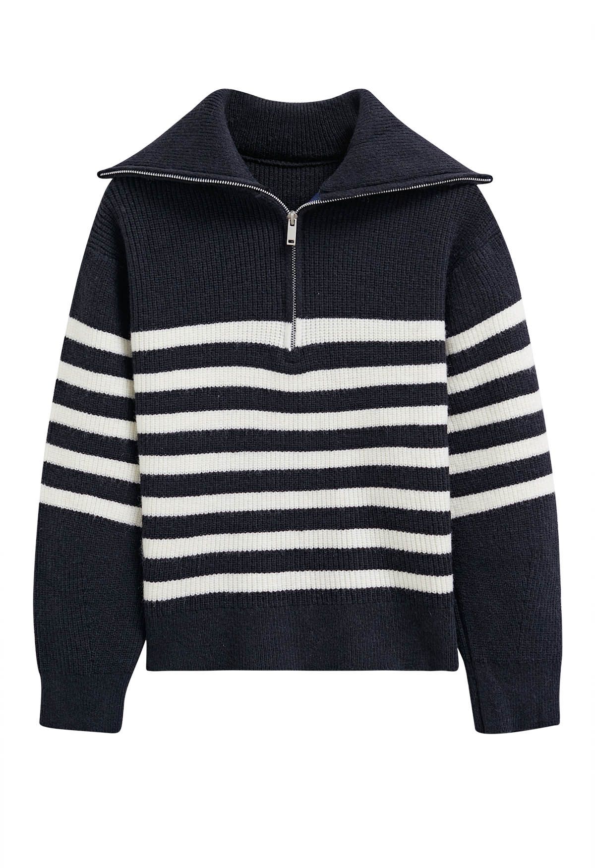 Flap Collar Zipper Neck Striped Knit Sweater in Black