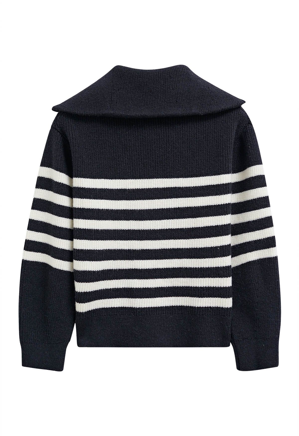 Flap Collar Zipper Neck Striped Knit Sweater in Black