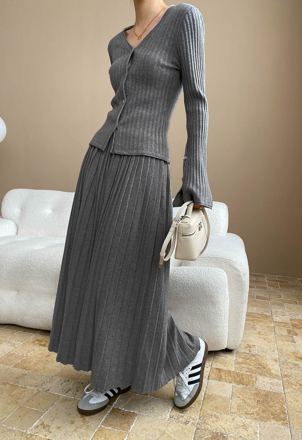 Flare Cuffs Button Knit Top and Midi Skirt in Grey