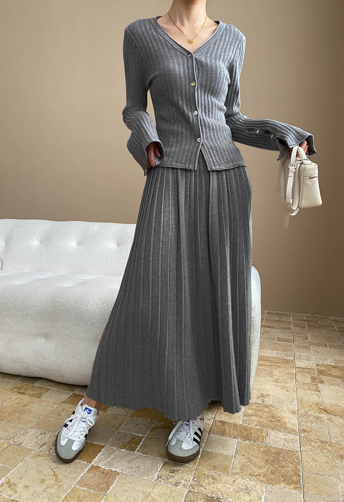 Flare Cuffs Button Knit Top and Midi Skirt in Grey