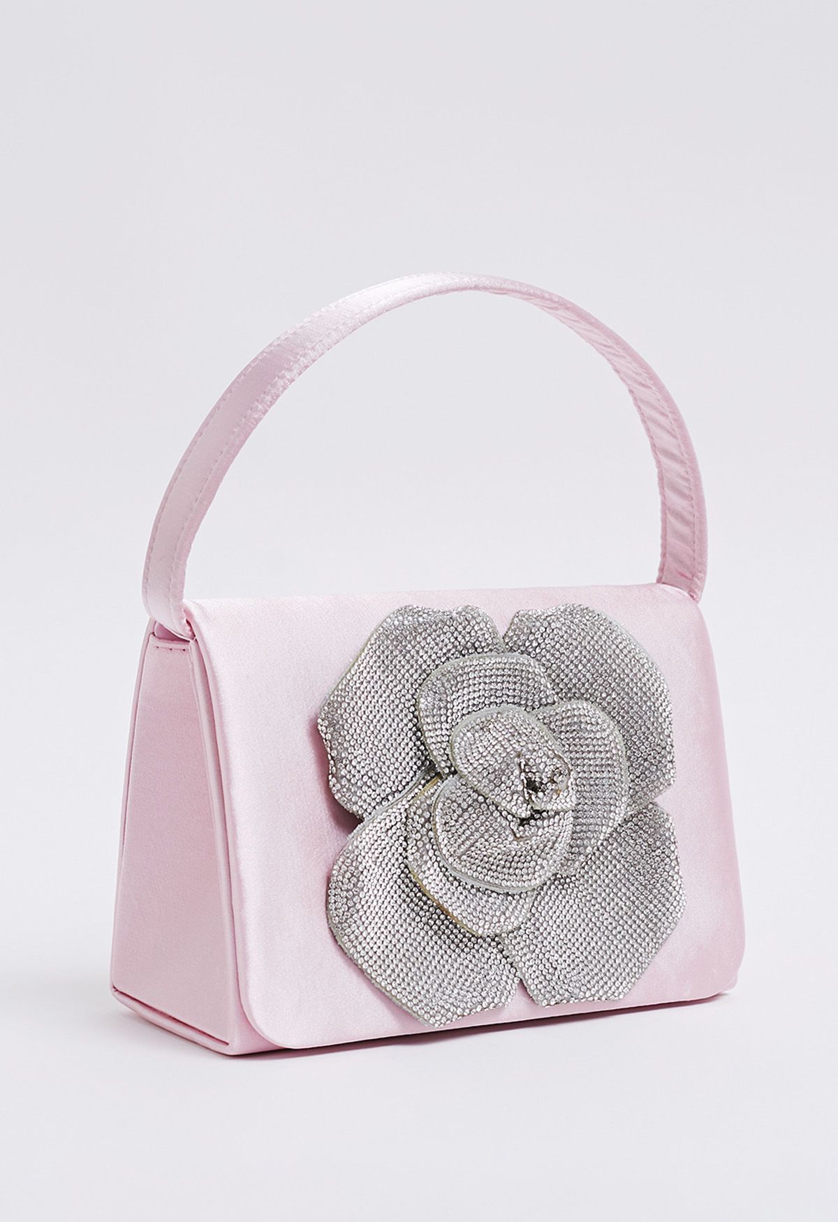 Radiant Rose Embellished Satin Handbag in Pink