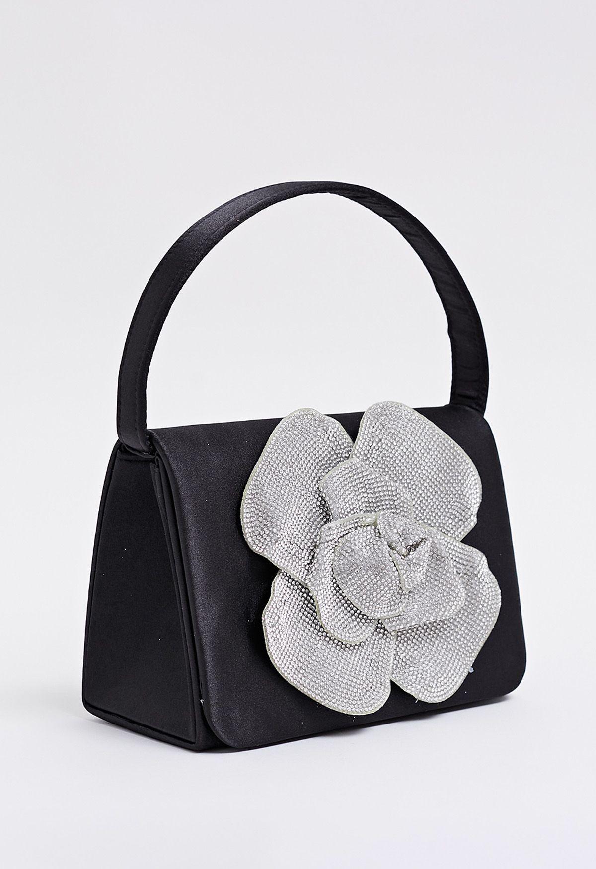 Radiant Rose Embellished Satin Handbag in Black