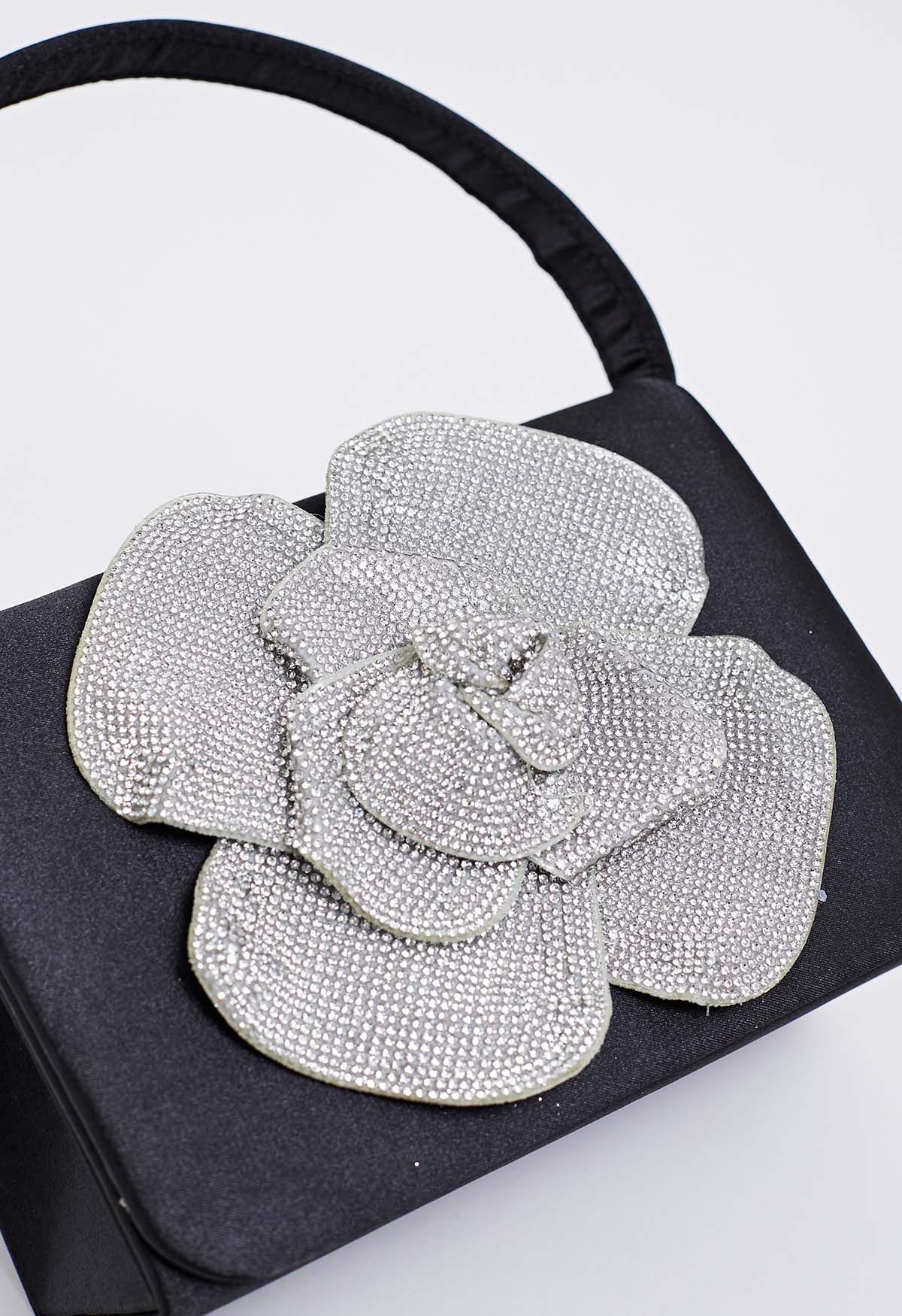 Radiant Rose Embellished Satin Handbag in Black