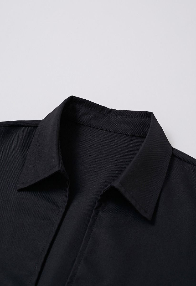 Deep V-Neck Collared Shirt in Black