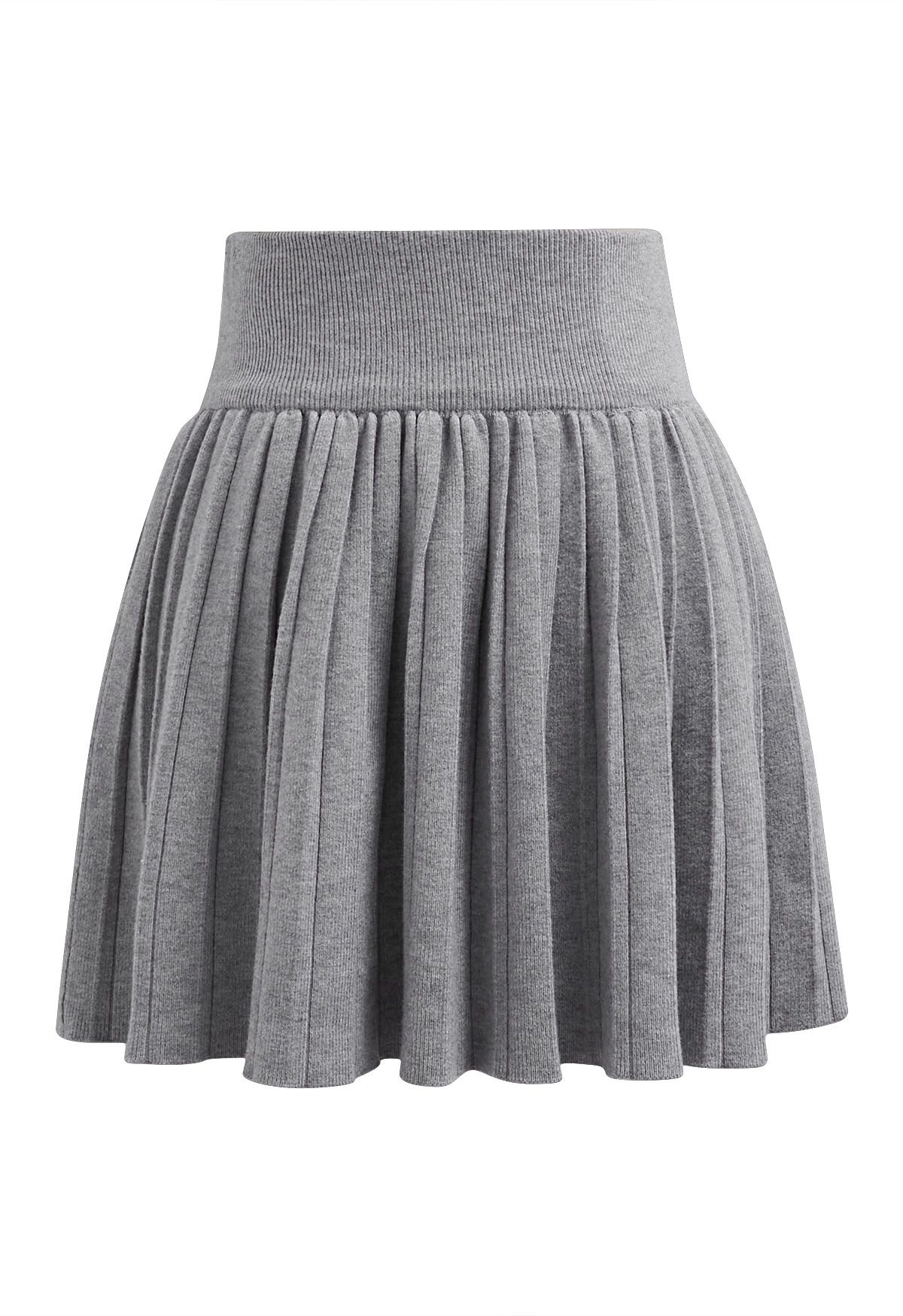 Flare Cuffs Button Knit Top and Mini Skirt in Grey