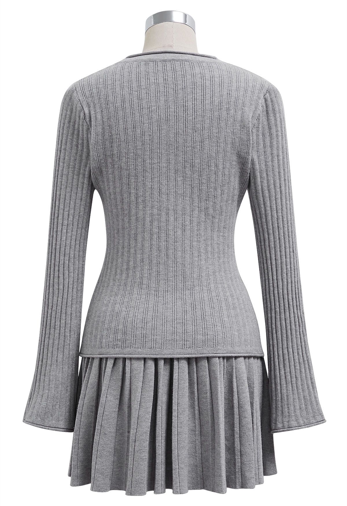 Flare Cuffs Button Knit Top and Mini Skirt in Grey