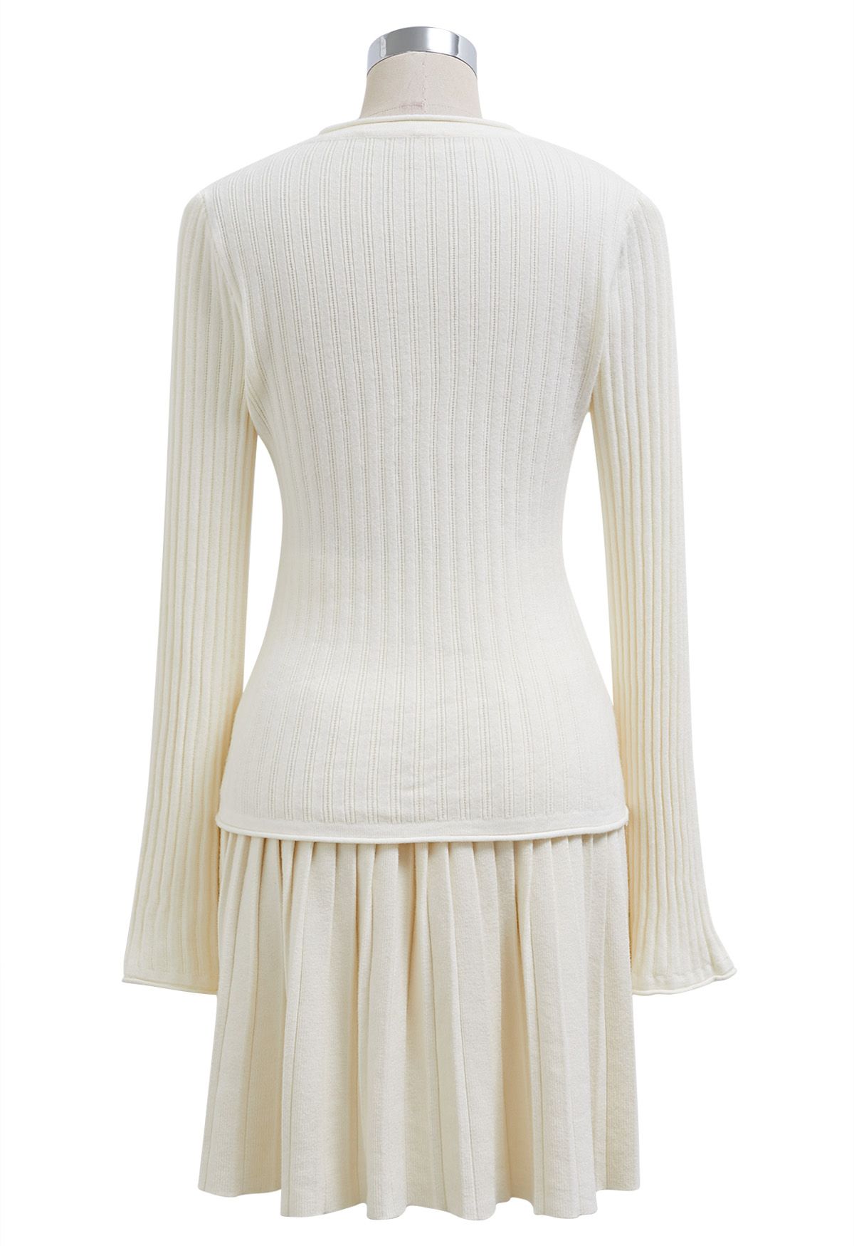 Flare Cuffs Button Knit Top and Mini Skirt in Cream