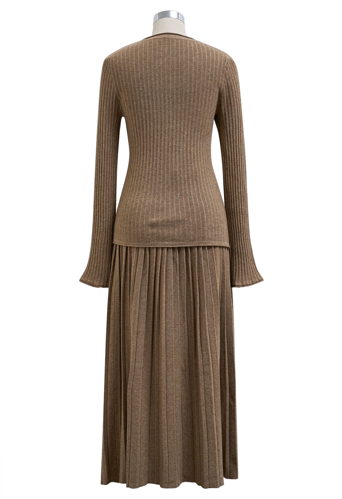 Flare Cuffs Button Knit Top and Midi Skirt in Khaki