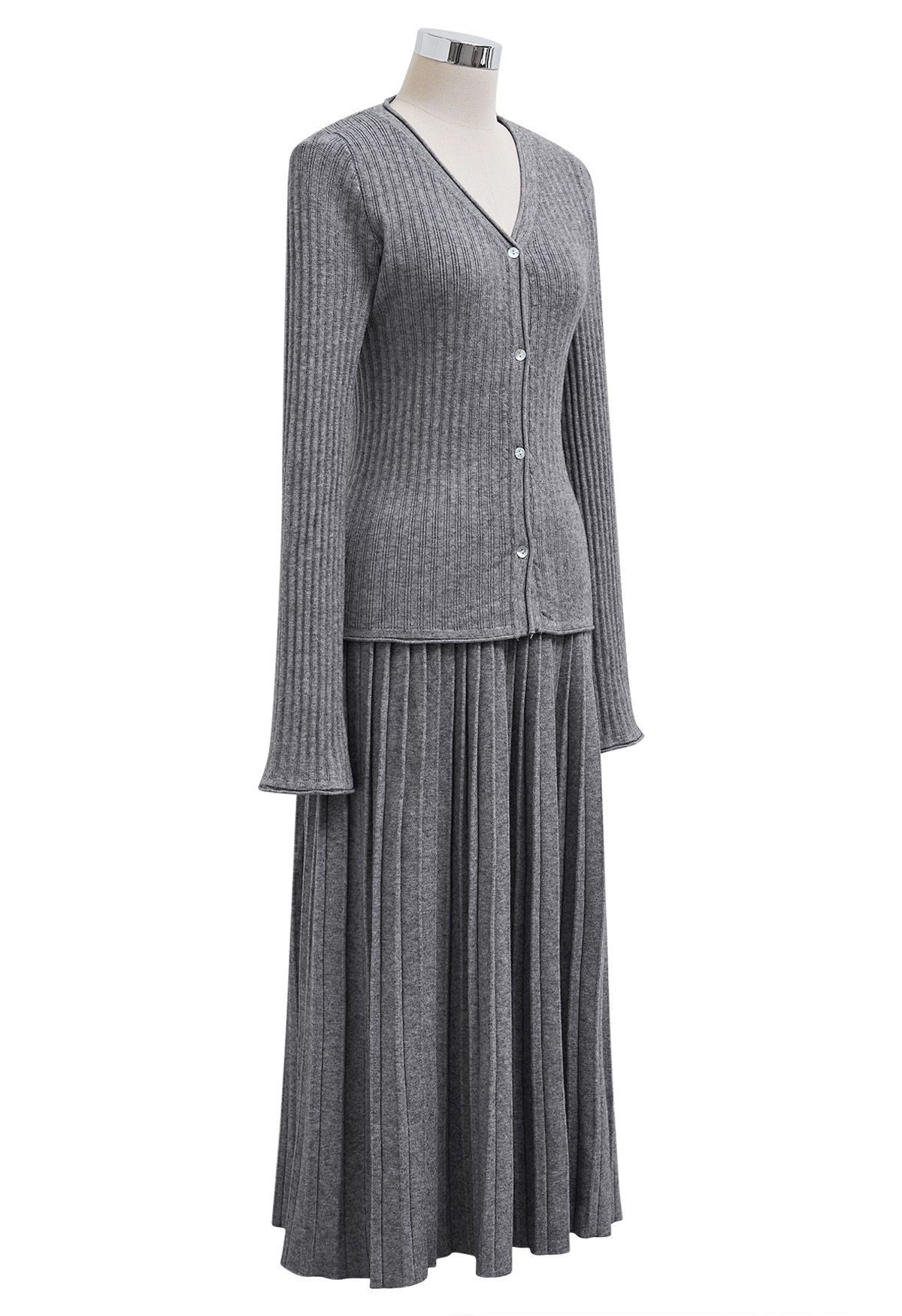 Flare Cuffs Button Knit Top and Midi Skirt in Grey