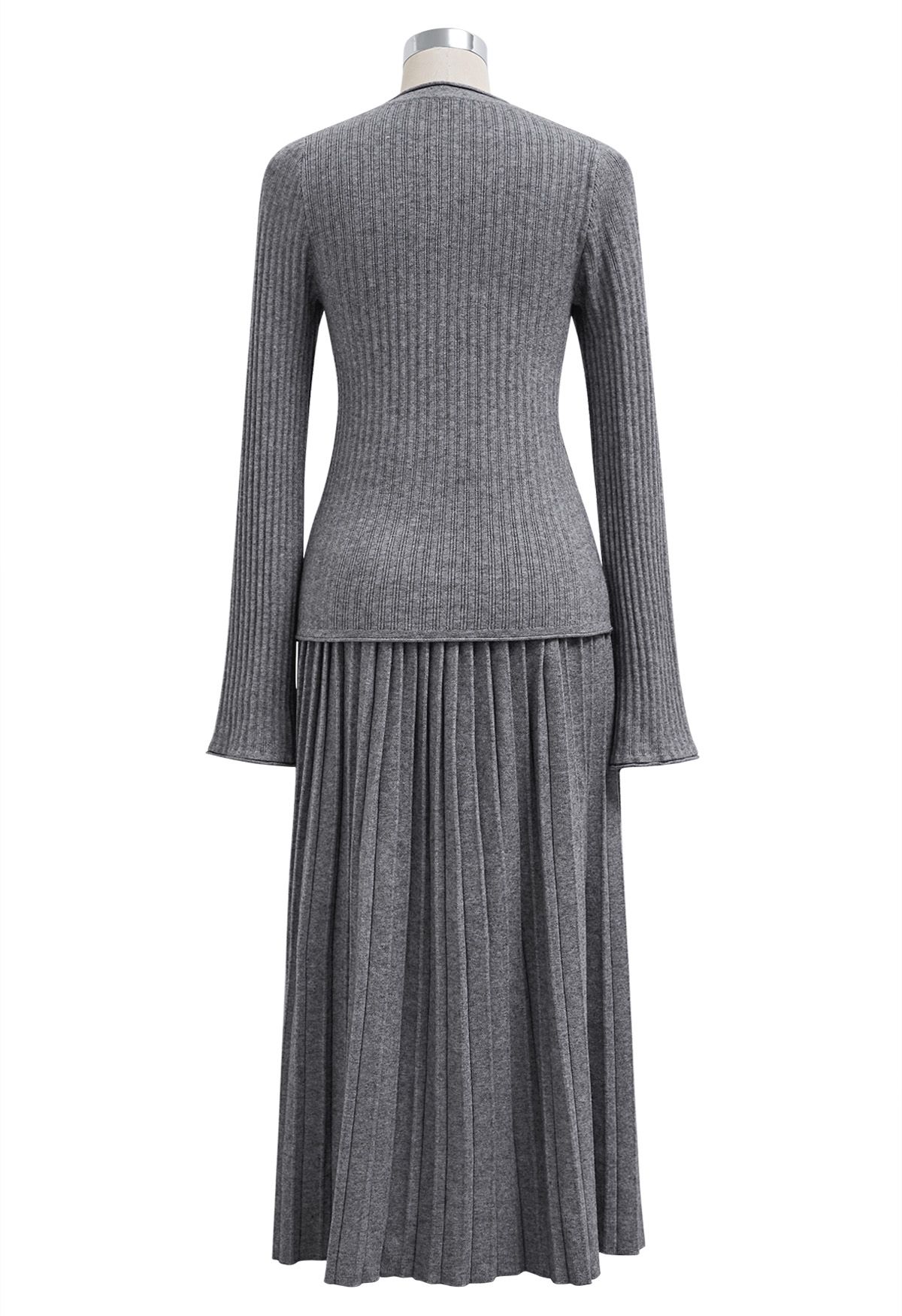 Flare Cuffs Button Knit Top and Midi Skirt in Grey