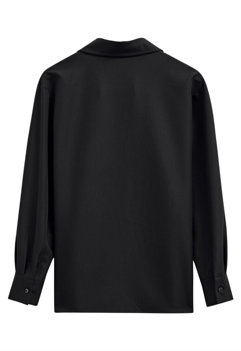 Deep V-Neck Collared Shirt in Black