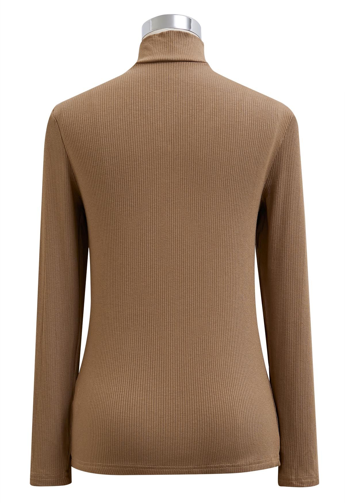 Crisscross Cutout Neckline Long Sleeve Top in Camel