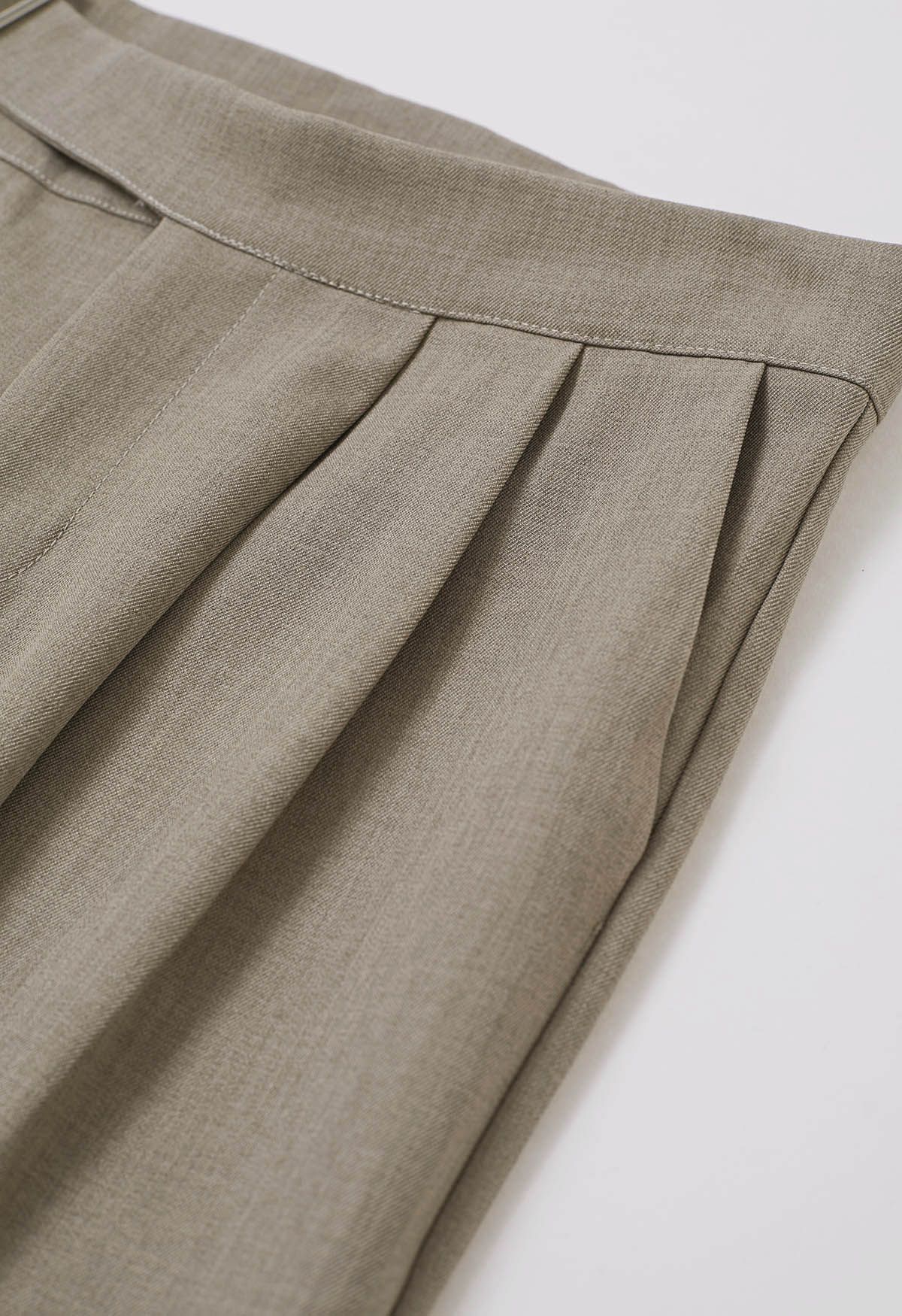 Solid Belted High Waist Wide-Leg Pants in Oatmeal