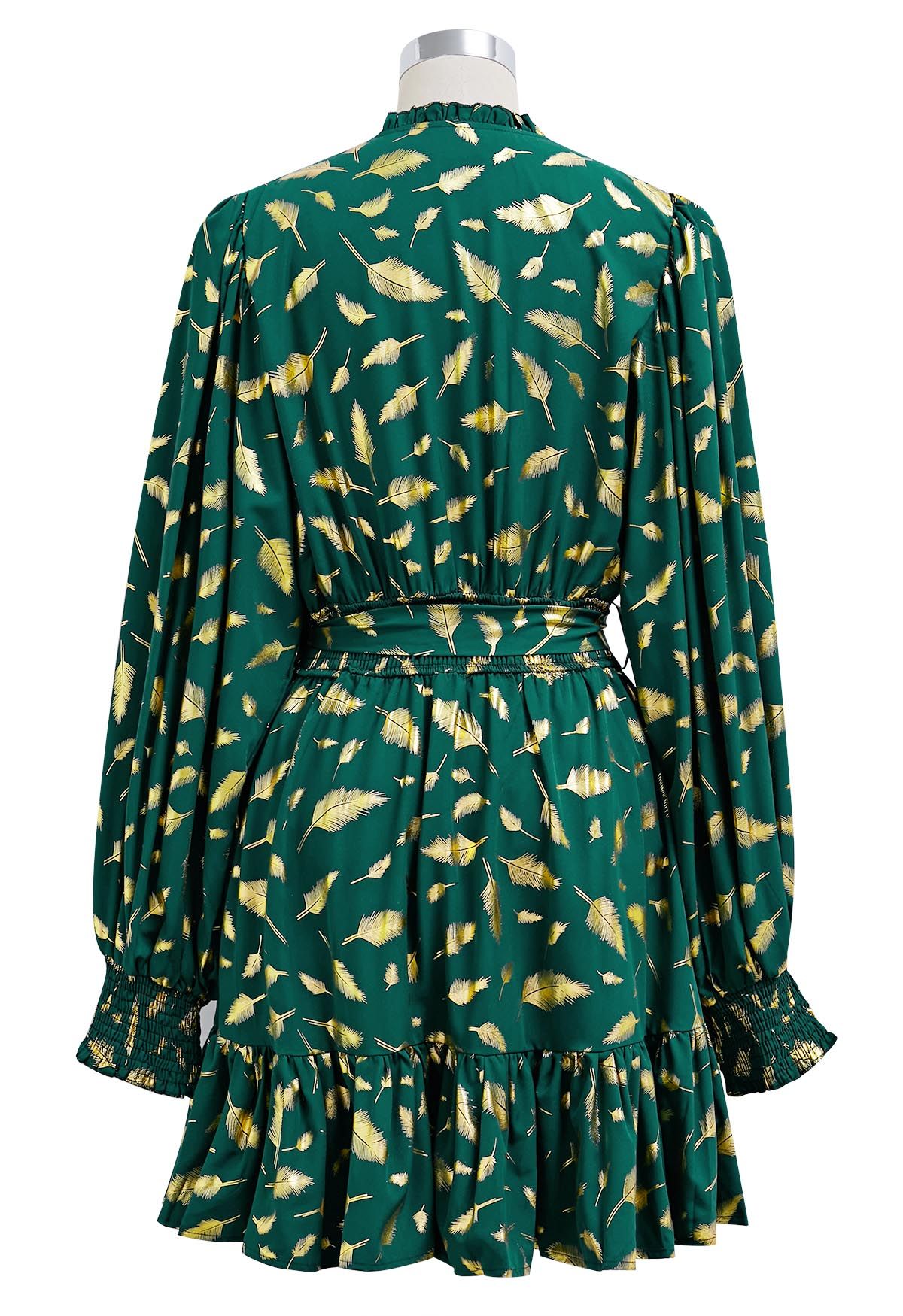 Golden Leaf Printed Tie-Sash Mini Dress in Green