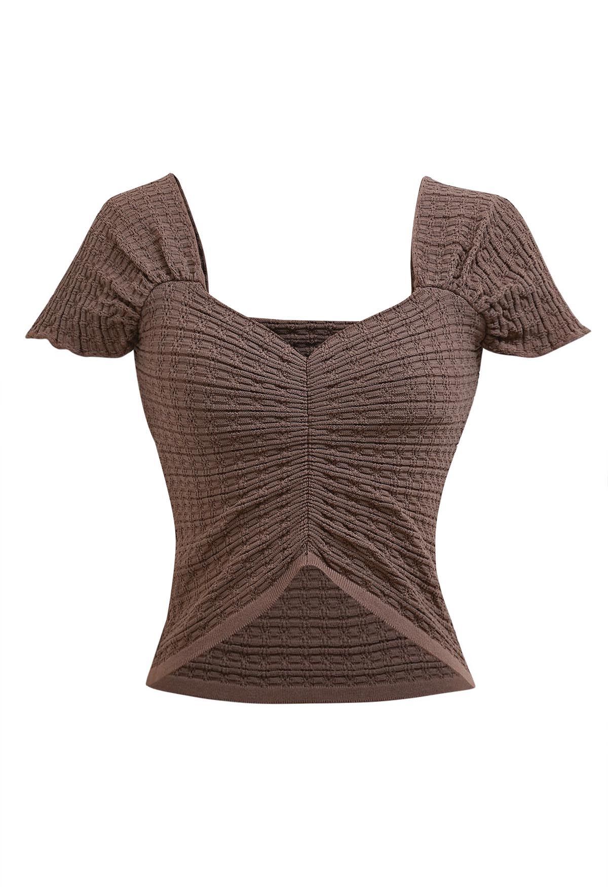 Sweetheart Neckline Shirred Crop Knit Top in Brown