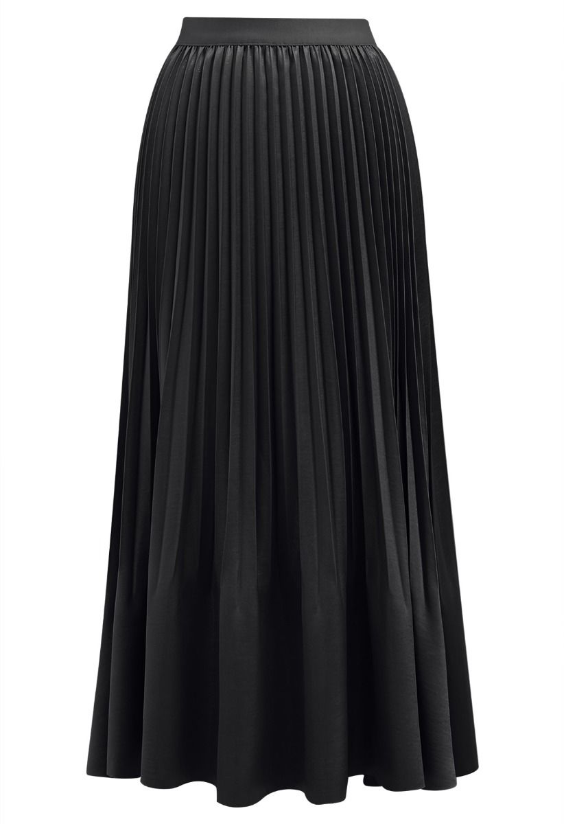 Smooth Satin Pleated Midi Skirt in Black