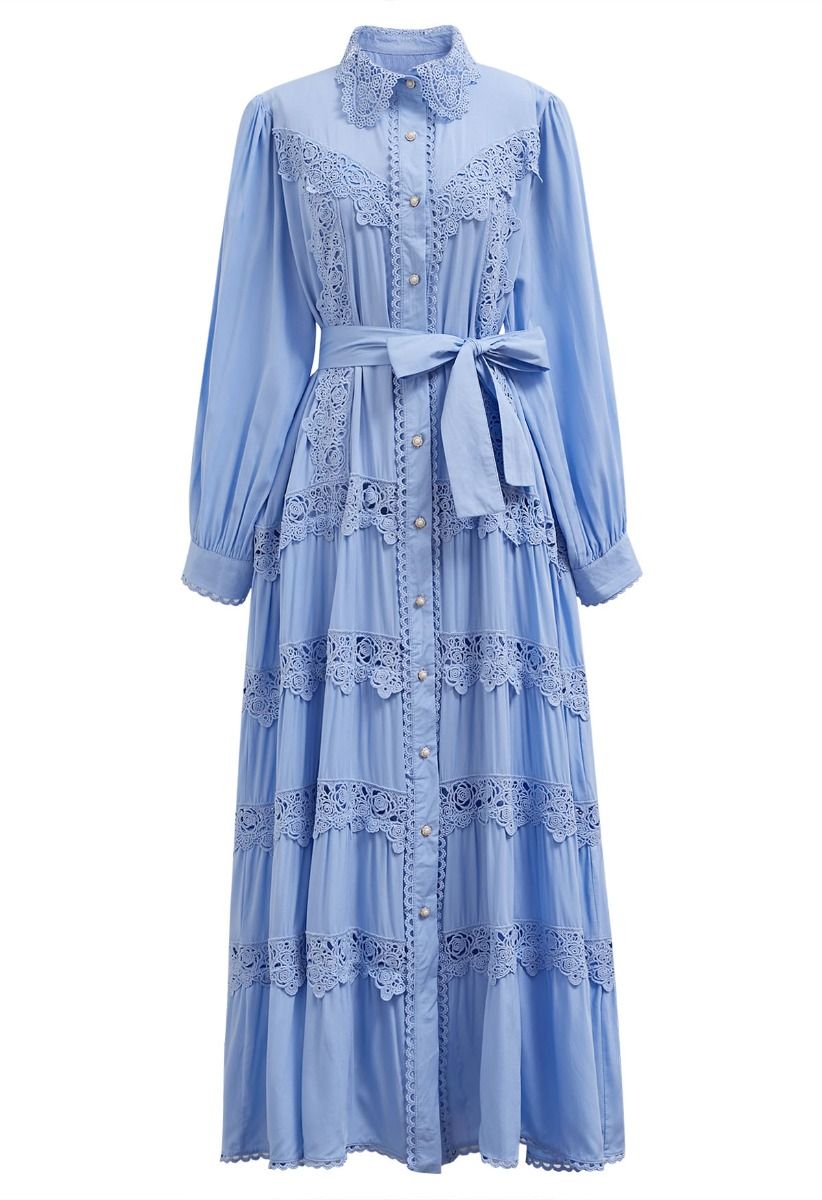 Rose Cutwork Lace Inserted Button Down Maxi Dress in Blue