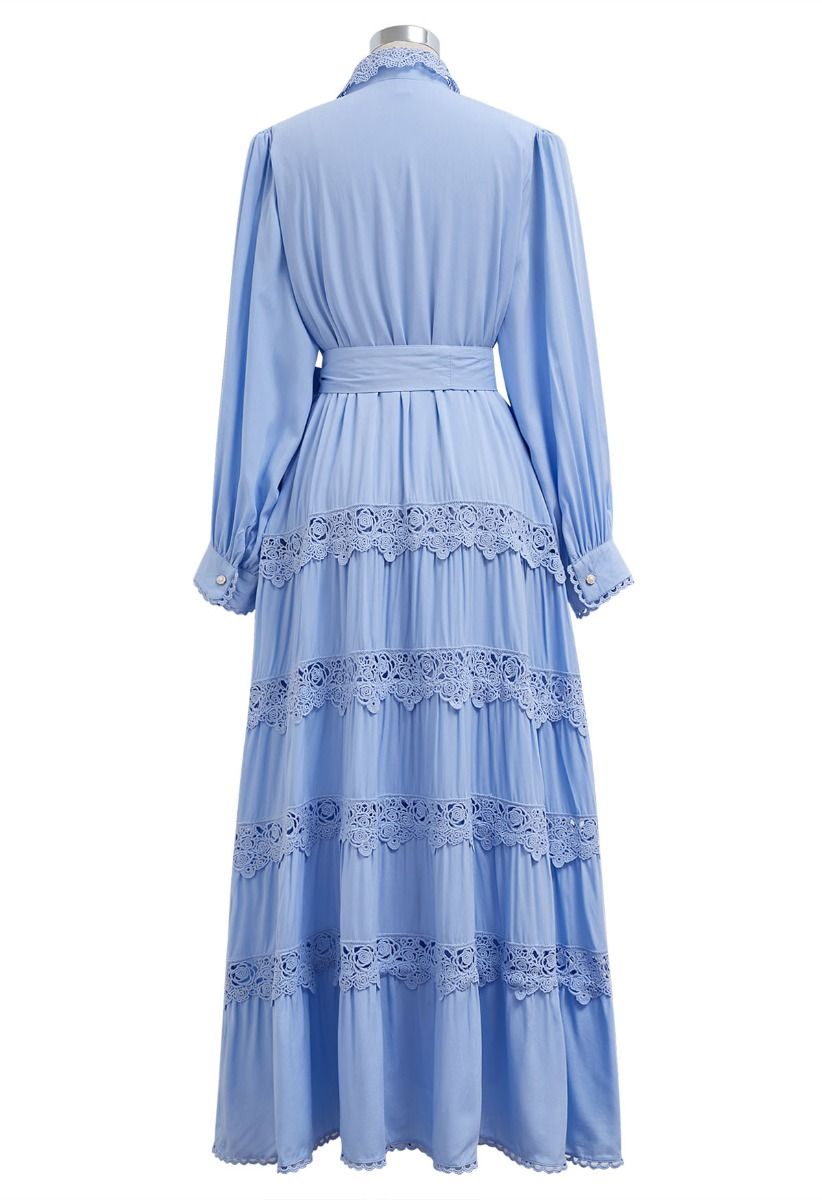 Rose Cutwork Lace Inserted Button Down Maxi Dress in Blue