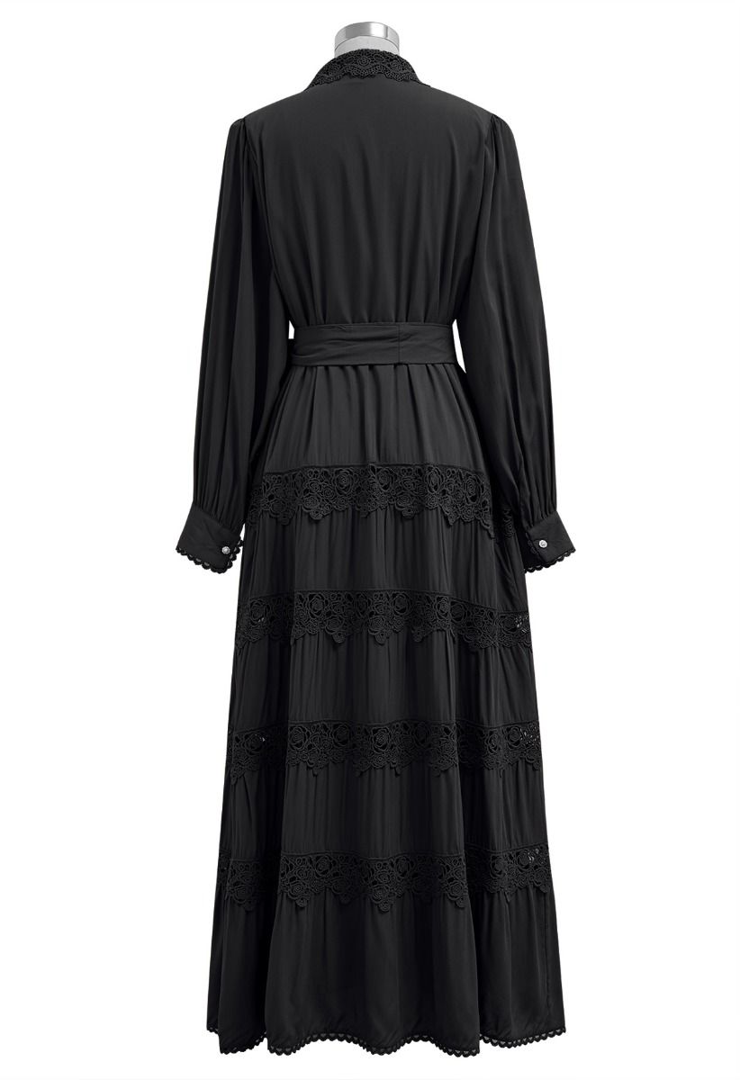 Rose Cutwork Lace Inserted Button Down Maxi Dress in Black