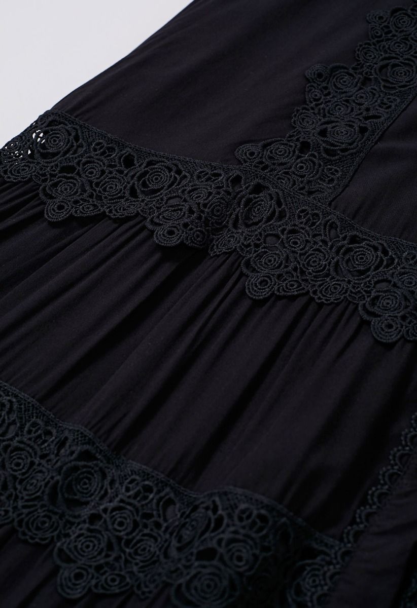 Rose Cutwork Lace Inserted Button Down Maxi Dress in Black