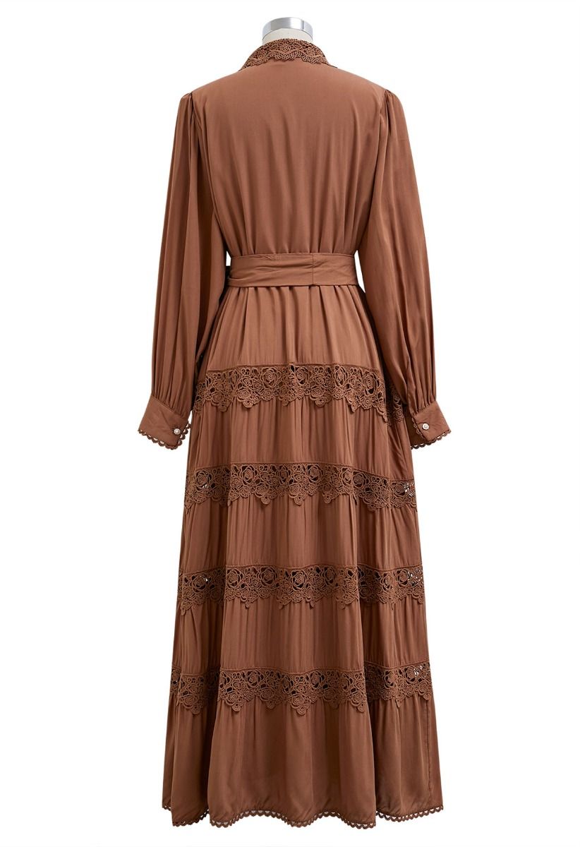 Rose Cutwork Lace Inserted Button Down Maxi Dress in Brown