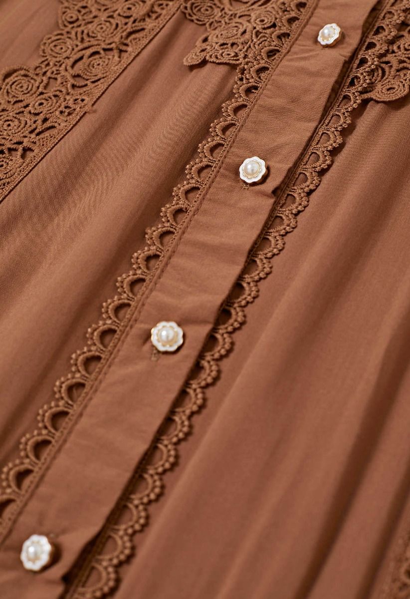 Rose Cutwork Lace Inserted Button Down Maxi Dress in Brown