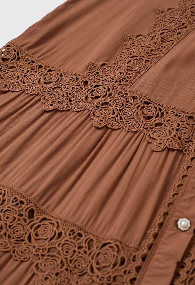 Rose Cutwork Lace Inserted Button Down Maxi Dress in Brown