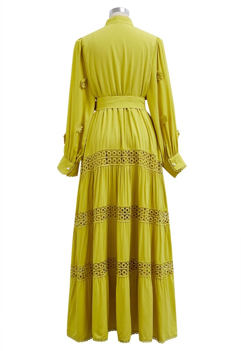 3D Floret Embellished Cutwork Lace Button Down Maxi Dress in Yellow