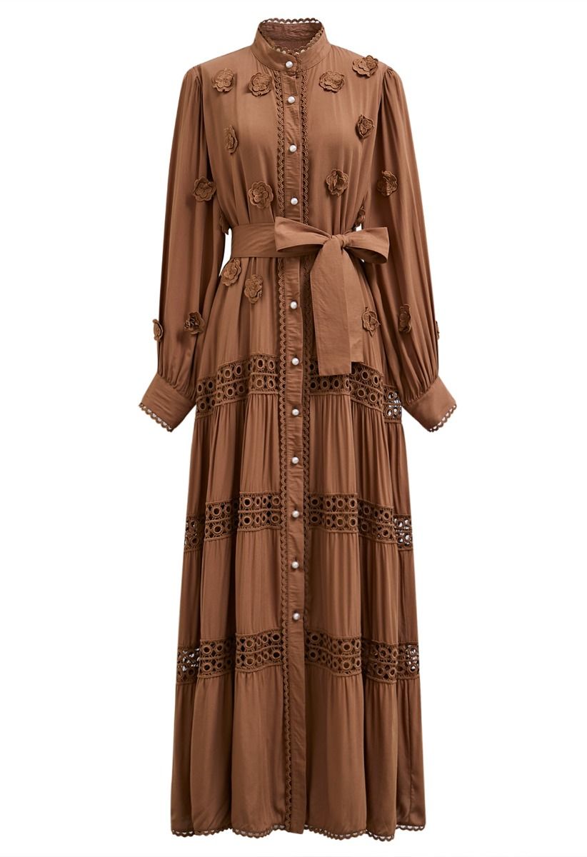 3D Floret Embellished Cutwork Lace Button Down Maxi Dress in Brown