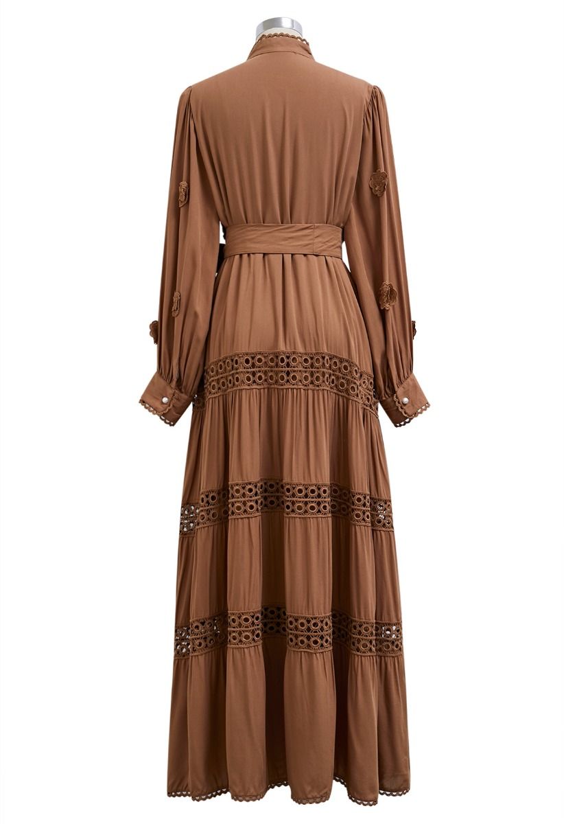 3D Floret Embellished Cutwork Lace Button Down Maxi Dress in Brown