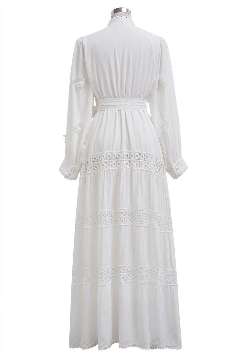 3D Floret Embellished Cutwork Lace Button Down Maxi Dress in White