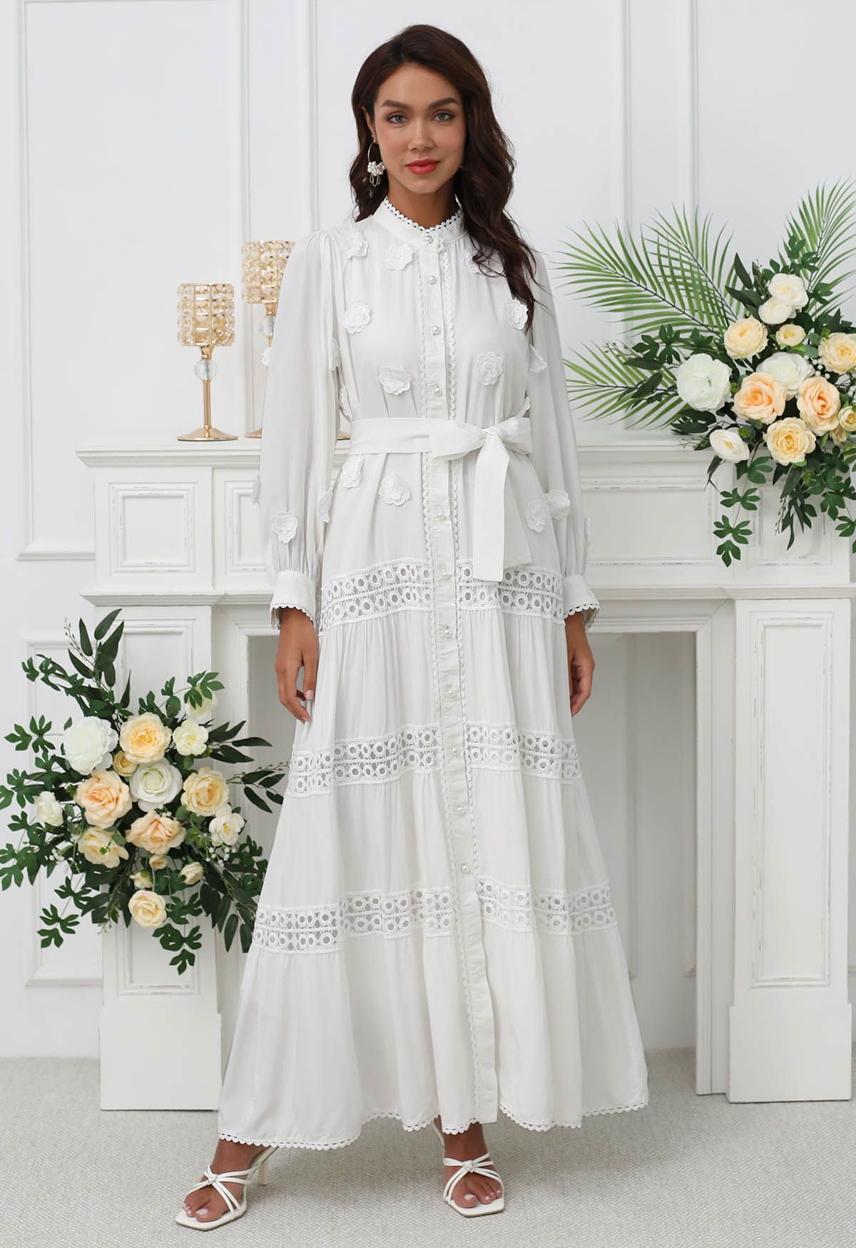 3D Floret Embellished Cutwork Lace Button Down Maxi Dress in White