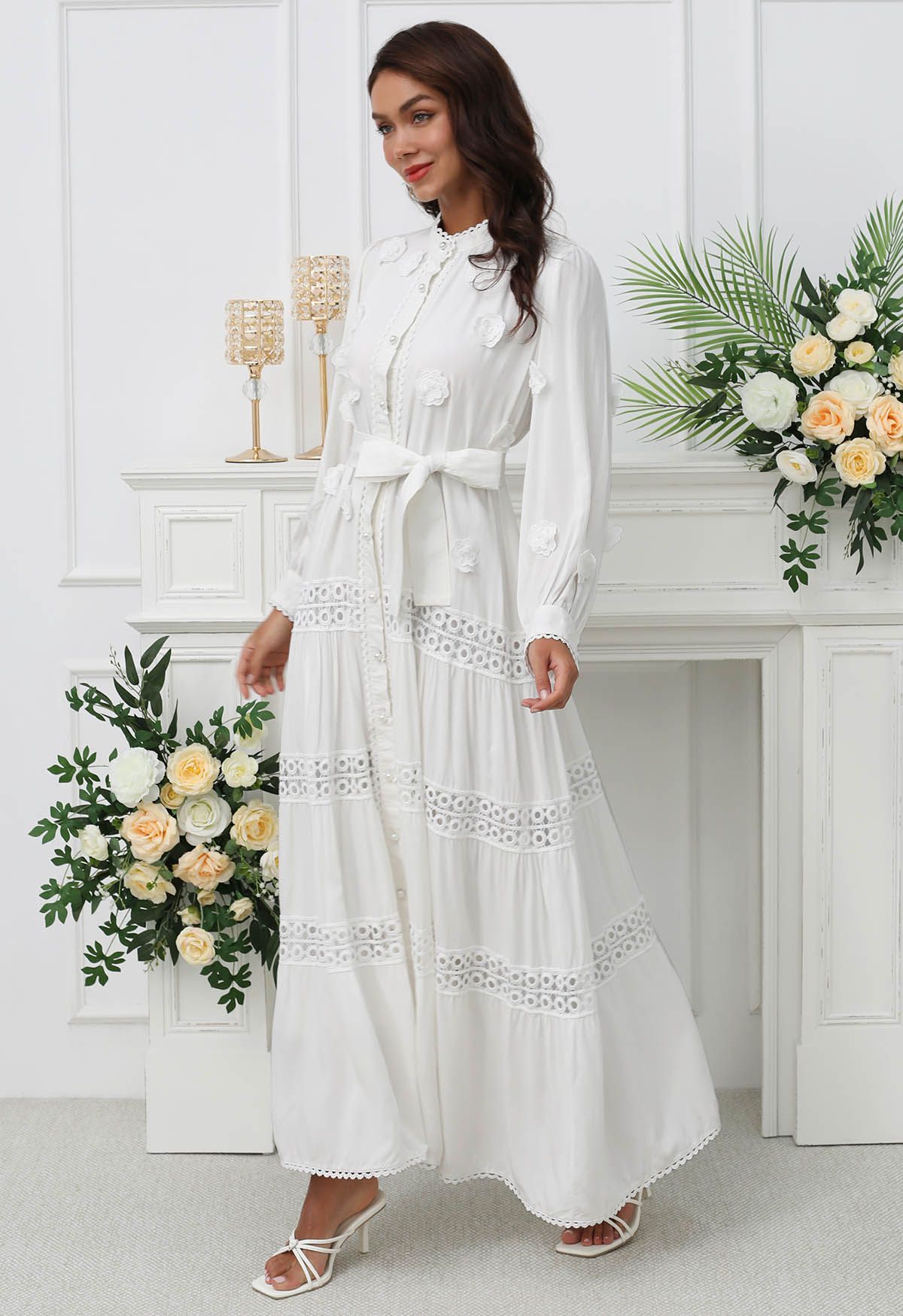 3D Floret Embellished Cutwork Lace Button Down Maxi Dress in White