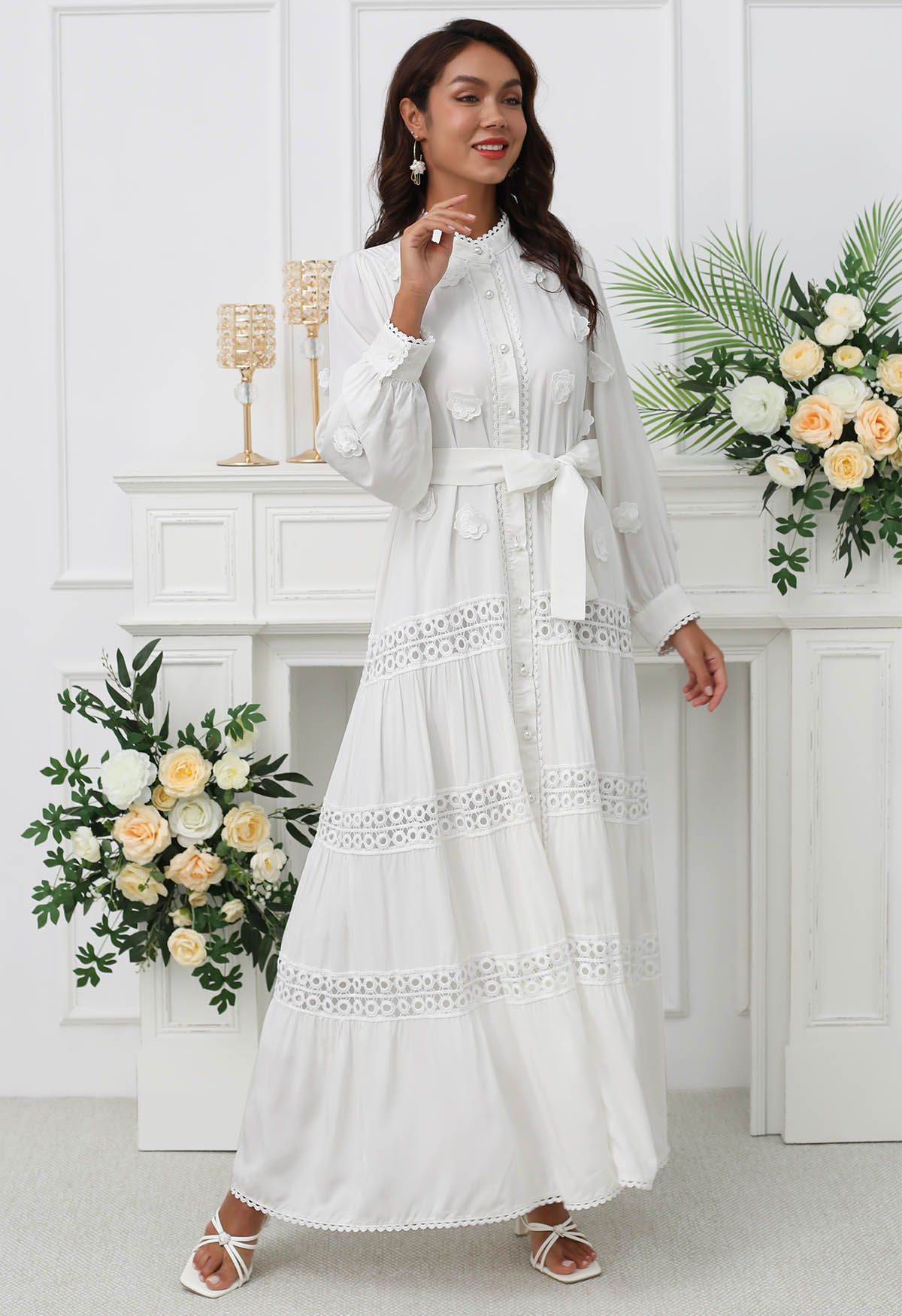 3D Floret Embellished Cutwork Lace Button Down Maxi Dress in White