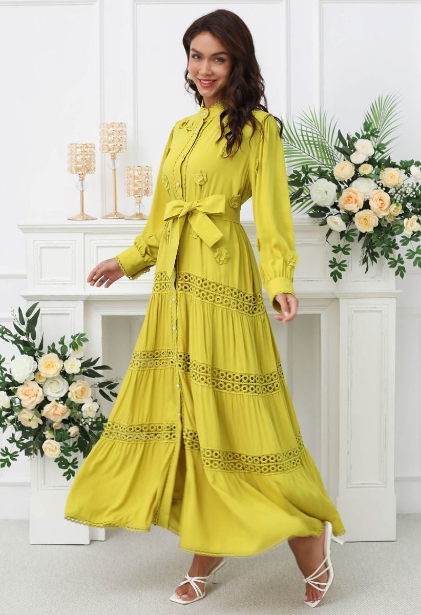 3D Floret Embellished Cutwork Lace Button Down Maxi Dress in Yellow