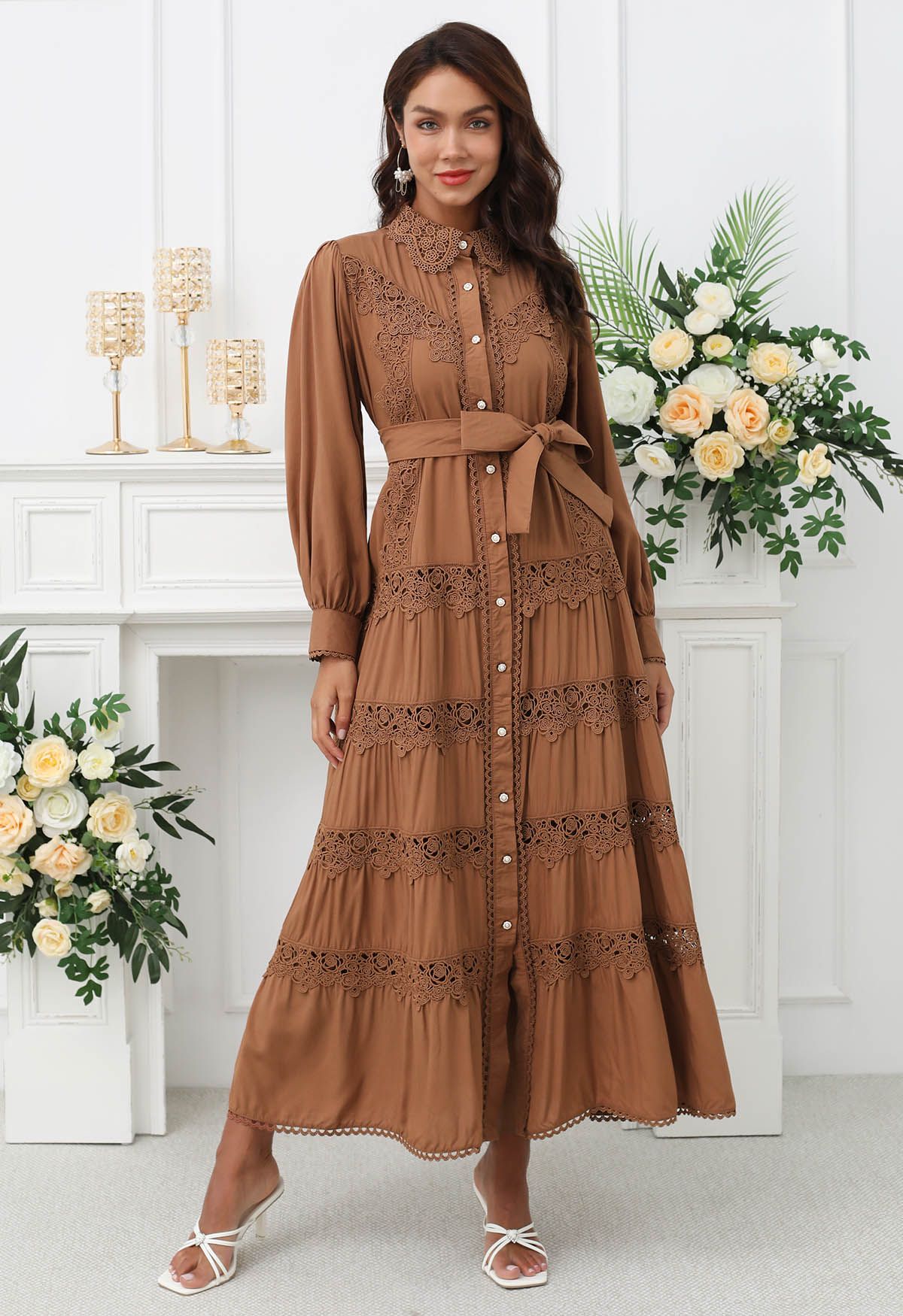 Rose Cutwork Lace Inserted Button Down Maxi Dress in Brown