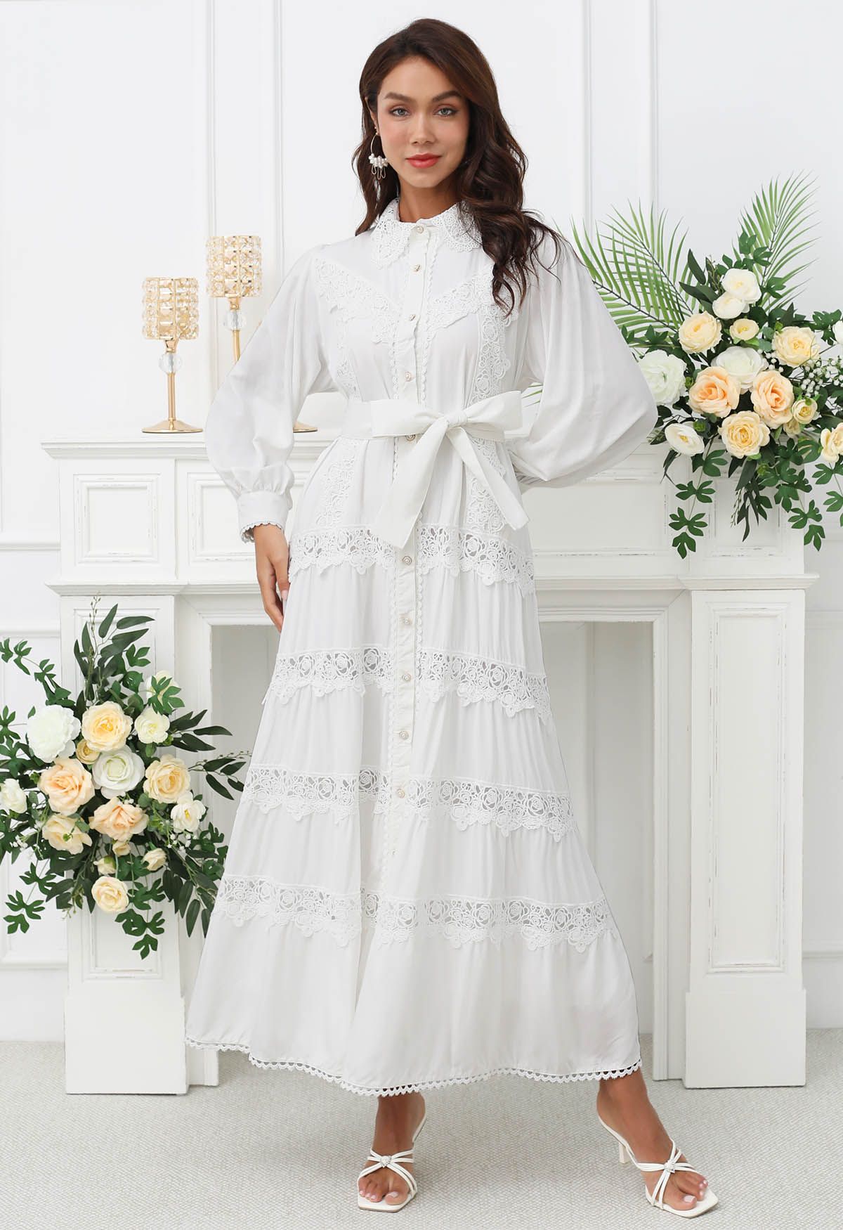 Rose Cutwork Lace Inserted Button Down Maxi Dress in White