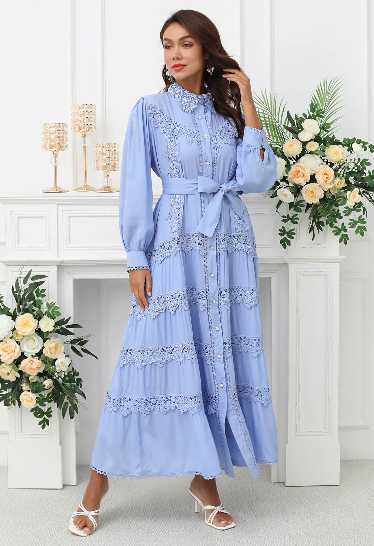 Rose Cutwork Lace Inserted Button Down Maxi Dress in Blue