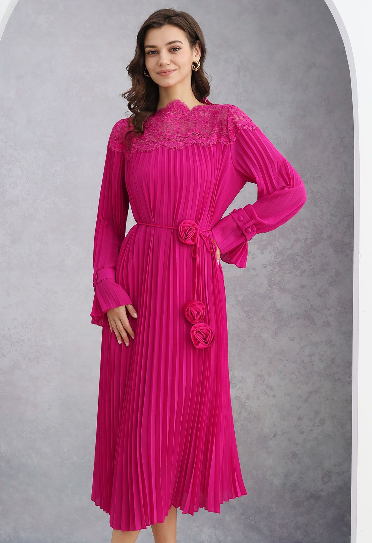 Rose String Lace Spliced Pleated Midi Dress in Hot Pink