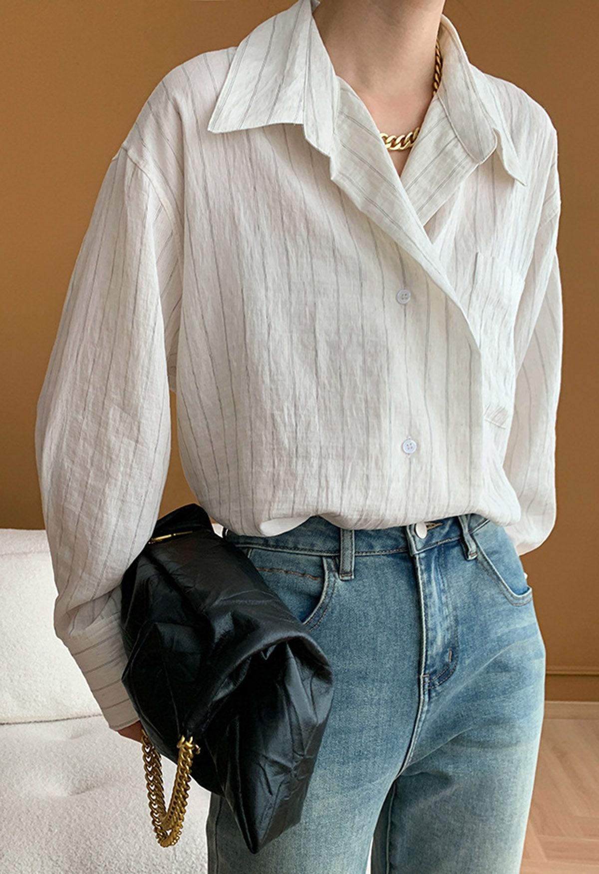 Striped Collared Patch Pocket Shirt in White