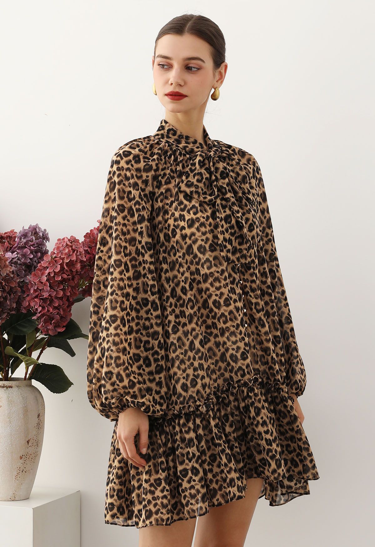 Leopard Print Self-Tie Neckline Chiffon Mini Dress