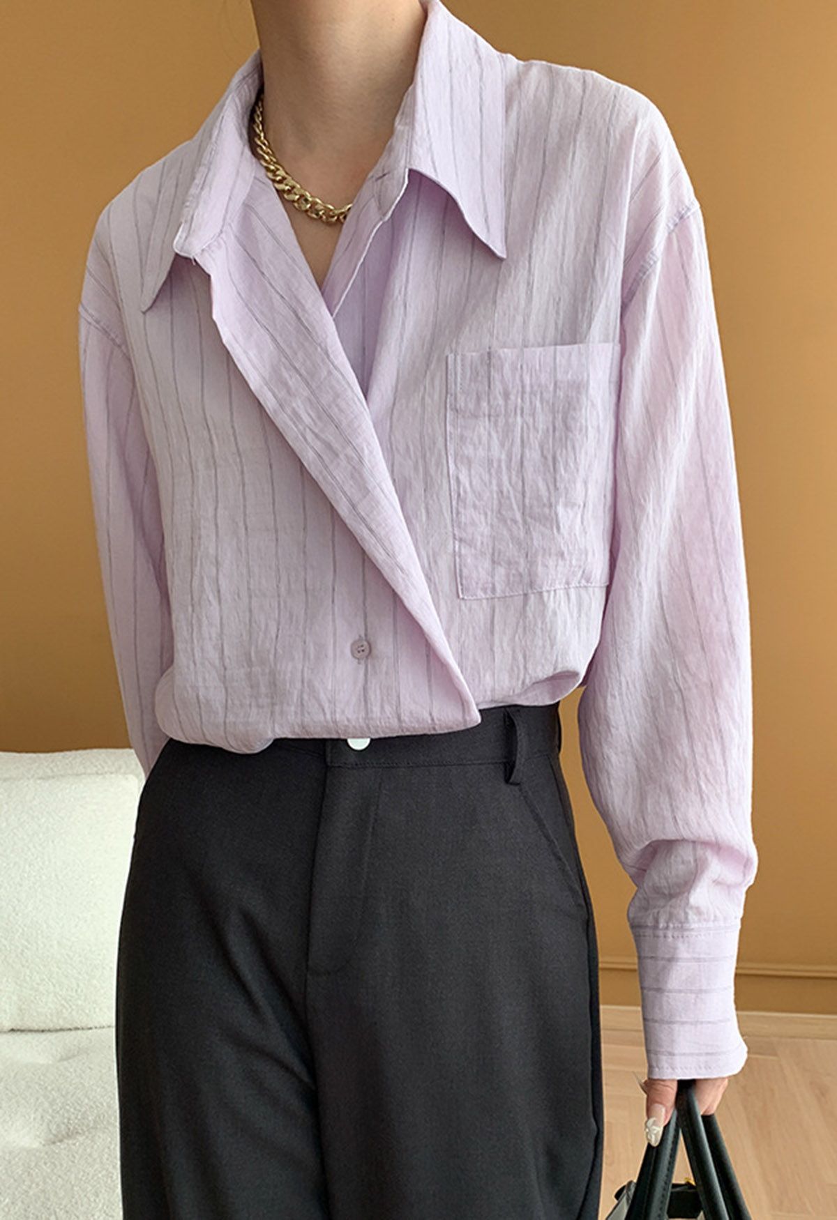 Striped Collared Patch Pocket Shirt in Lilac