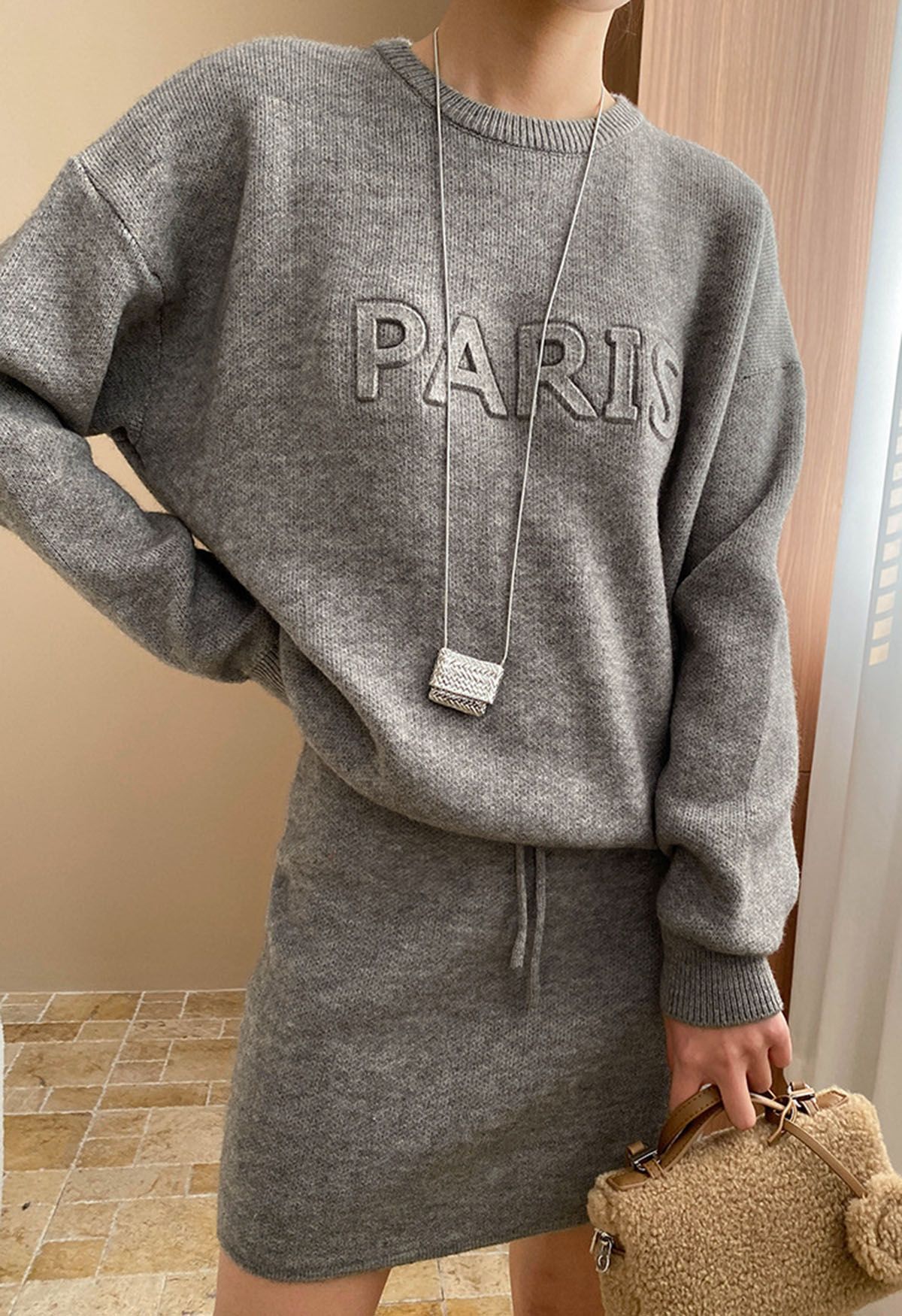 Paris Letter Knit Sweater and Skirt Set in Grey